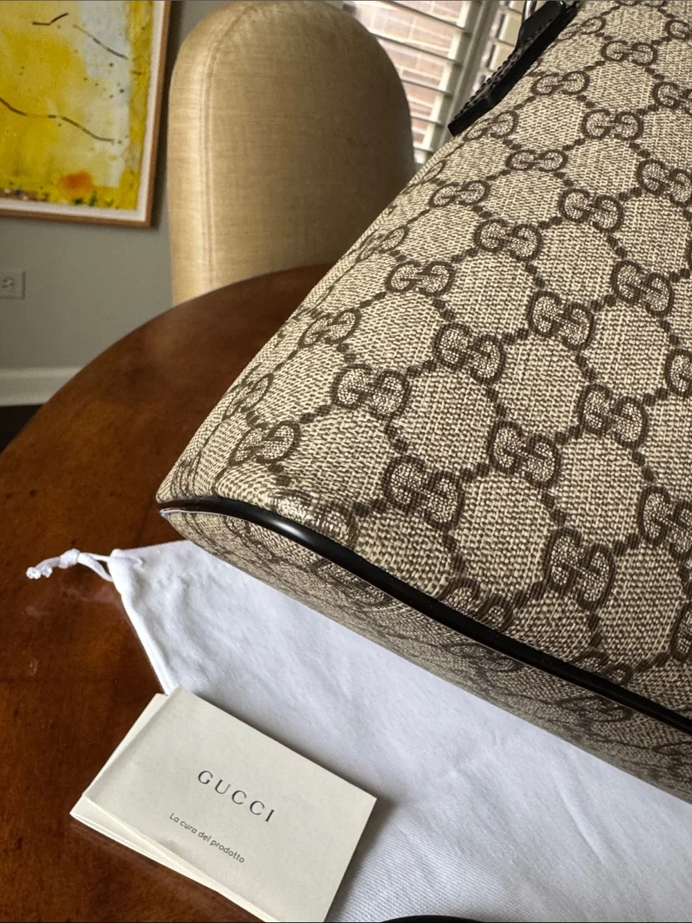 Gucci Beige GG Canvas Satchel with Black Leather Trim